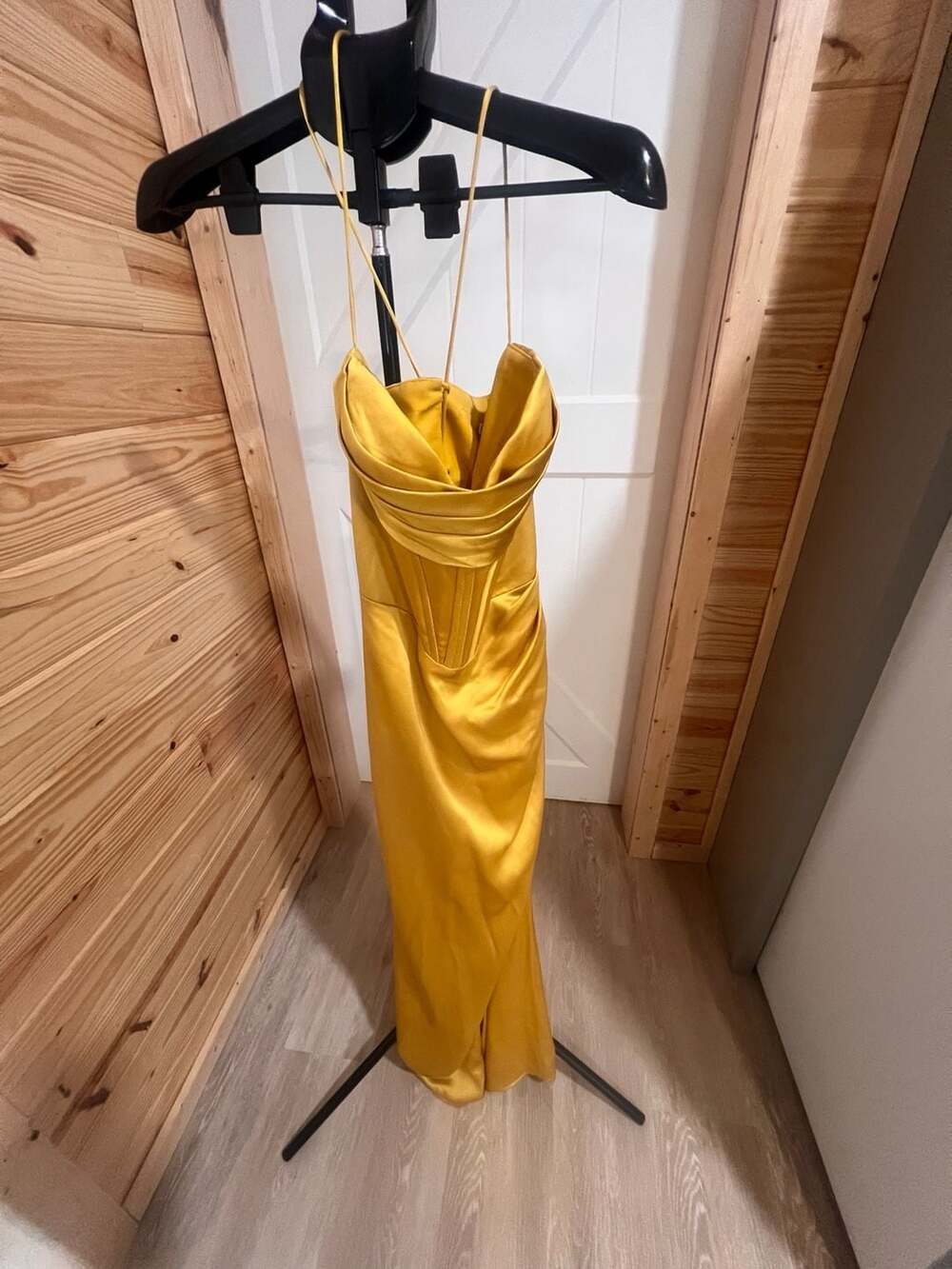 Gianni Bini Gold Corset Cowl Neck Satin Maxi Dress